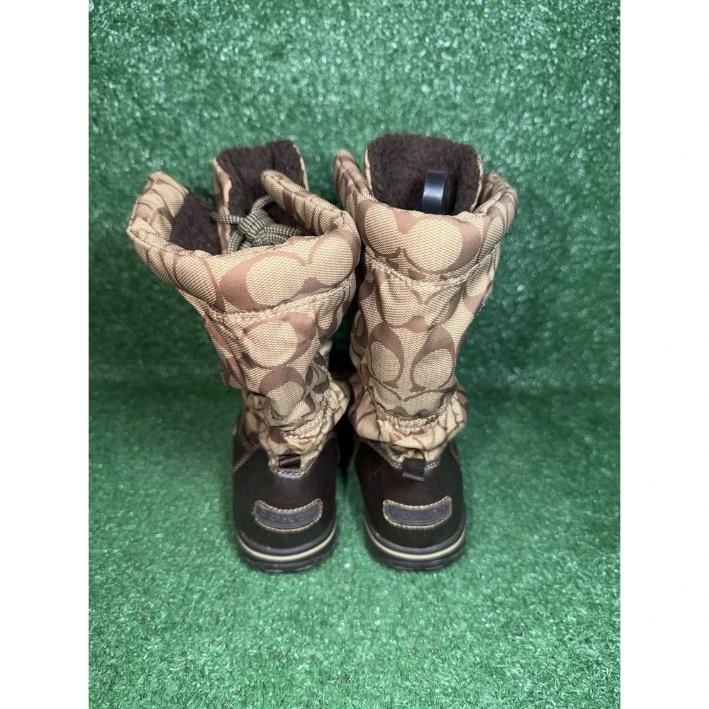 Coach Women Size 5 Shaine Rain Boots Lace Up Beige Signature Logo Faux Fur Lined